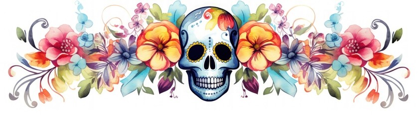 Fototapeta premium A colorful floral design featuring an artistic skull, blending vibrant flowers and intricate patterns, creating a striking balance of life and death.
