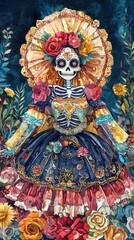 Fototapeta premium A colorful, artistic depiction of a skeleton woman in a floral dress, adorned with roses, celebrating the Day of the Dead tradition.
