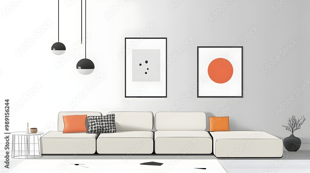 Poster sleek and modern of a minimalist living space featuring a low profile modular sofa streamlined decor