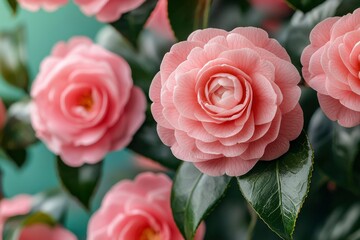 Delicate Pink Camellia Flower with Green Leaves