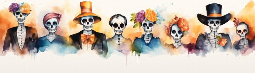 A colorful depiction of skeletons in stylish hats and outfits, celebrating life and death with vibrant floral elements.