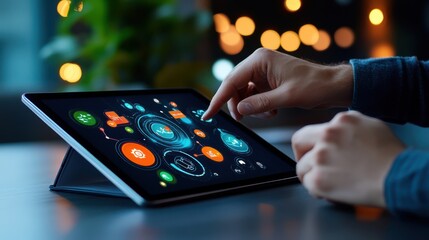 Man using tablet with futuristic interface