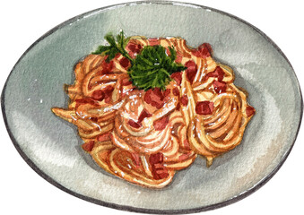spaghetti italian food, watercolor painting hand-drawn illustration