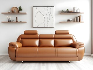 Sophisticated and Relaxing Contemporary Living Space Featuring a Plush Leather Reclining Sofa Sleek Floating Shelves and a Striking Minimalist Abstract Gallery Wall