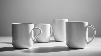 Obraz premium Monochrome image featuring four white ceramic coffee mugs with handles, casting shadows on a flat surface.