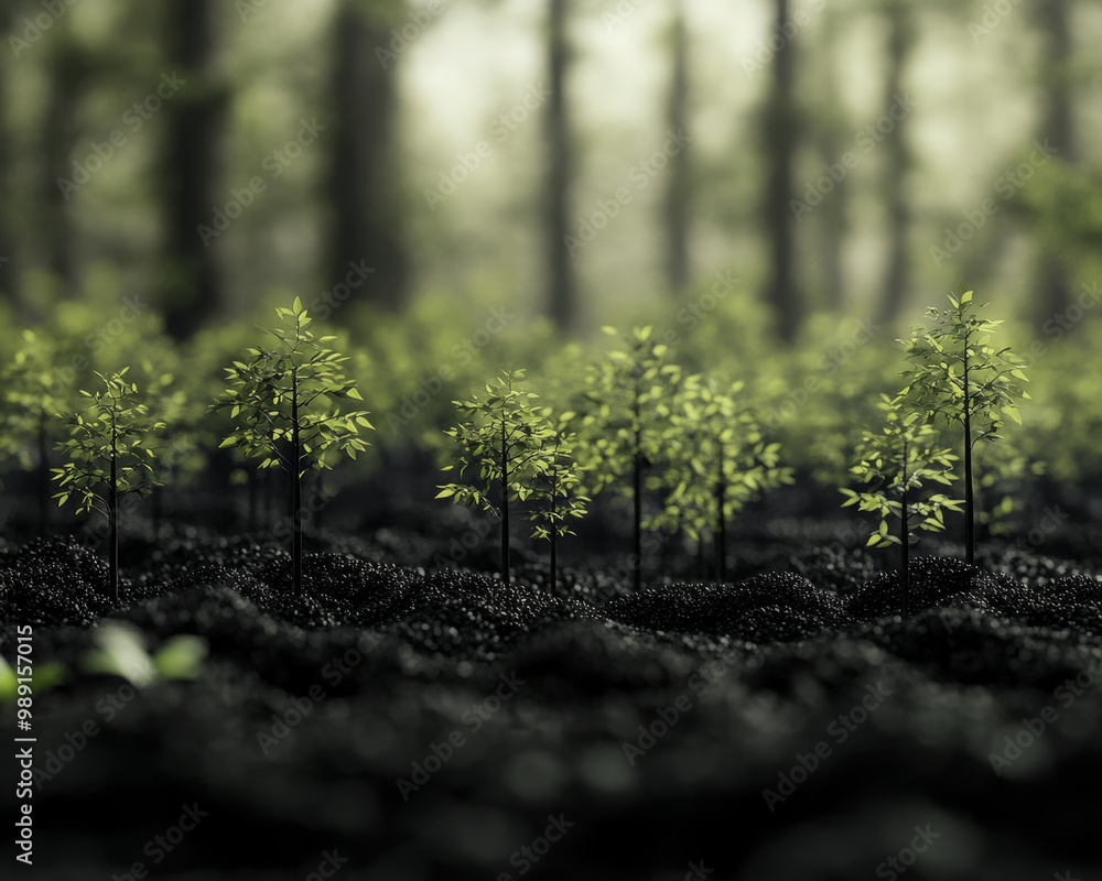 Poster a forest of tiny trees absorbing carbon and oxygen, creating serene atmosphere. lush greenery and so