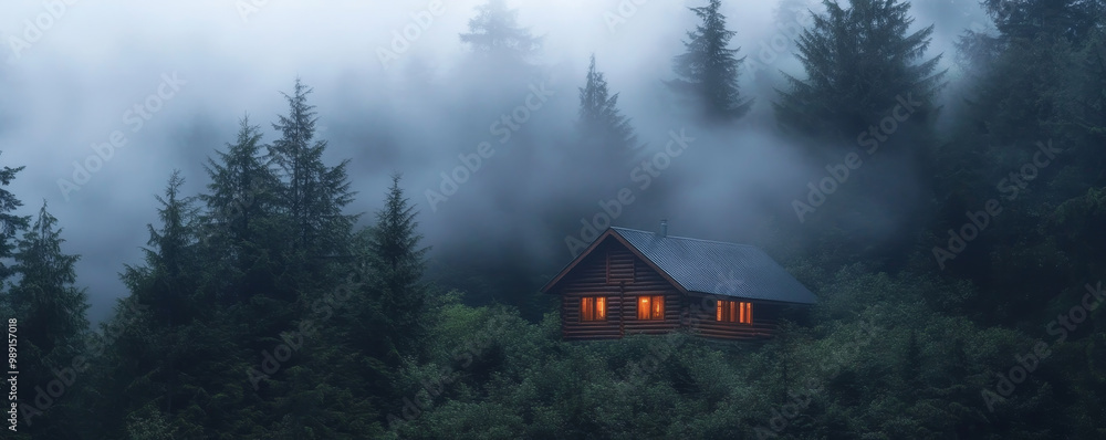Poster a fog shrouded cabin sits quietly in middle of dense forest, surrounded by towering trees. warm glow