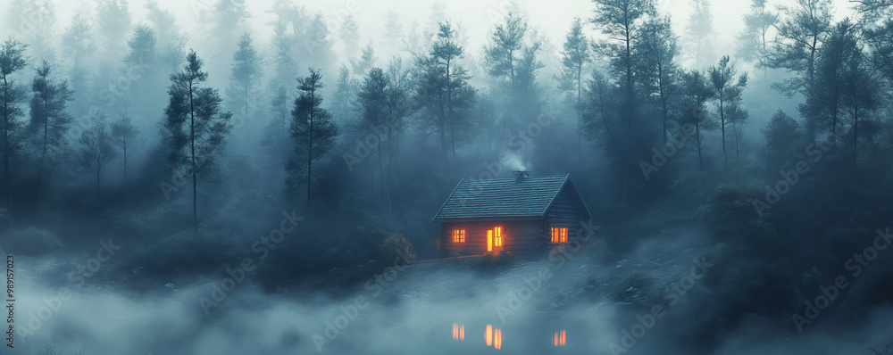 Poster a fog shrouded cabin sits quietly in middle of dense forest, illuminated by warm light from its wind