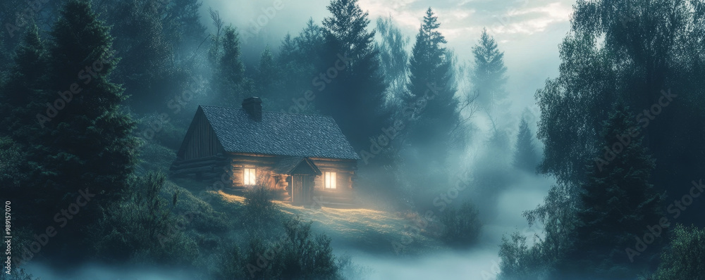 Poster a misty forest surrounds rustic cabin, with fog curling around trees and soft light glowing from win