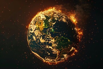 Obraz premium Planet Earth is burning in dark space. World burning with fire from space. Concept of global warming and climatic changes. AI generated