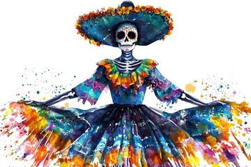 Fototapeta premium A vibrant skeleton in a colorful dress and hat, celebrating Día de los Muertos with artistic flair and festive decorations.