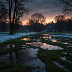 It is a quiet park on a chilly winter evening, rain falling lightly over the frosty ground, creating a peaceful ambiance as puddles form in the frozen grass