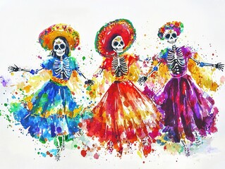 Fototapeta premium Three colorful skeletons in traditional dresses celebrate, embodying the vibrant spirit of Day of the Dead festivities with intricate details.