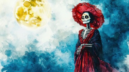 A skeleton woman in a red dress and hat stands under a large moon, surrounded by a mystical blue sky, capturing a vibrant, artistic representation.