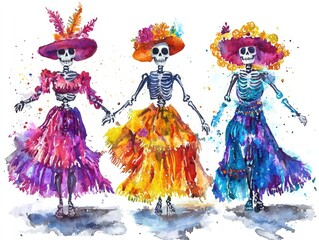 Fototapeta premium Colorful skeletons in vibrant dresses and hats are depicted in a lively watercolor style, celebrating tradition and culture.