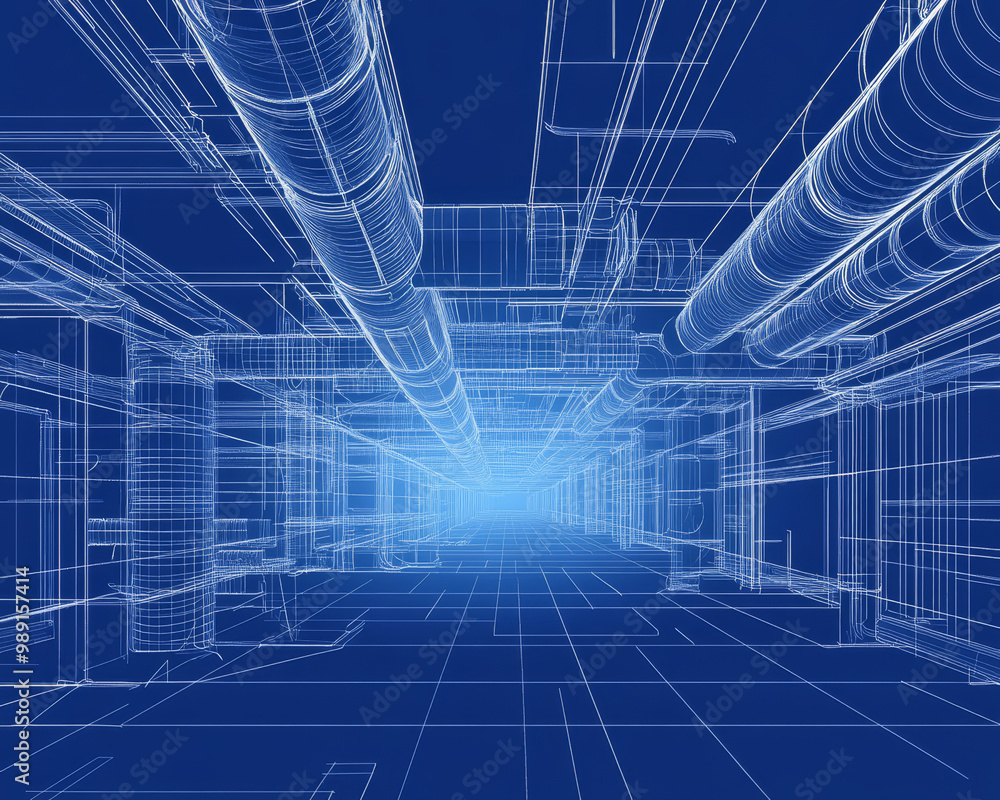 Poster highly detailed vector schematic of air ducts running through modern industrial space, showcasing in