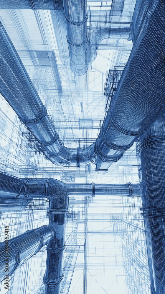 Poster image showcases detailed blueprint view of air ducts in commercial setting, emphasizing intricate ne