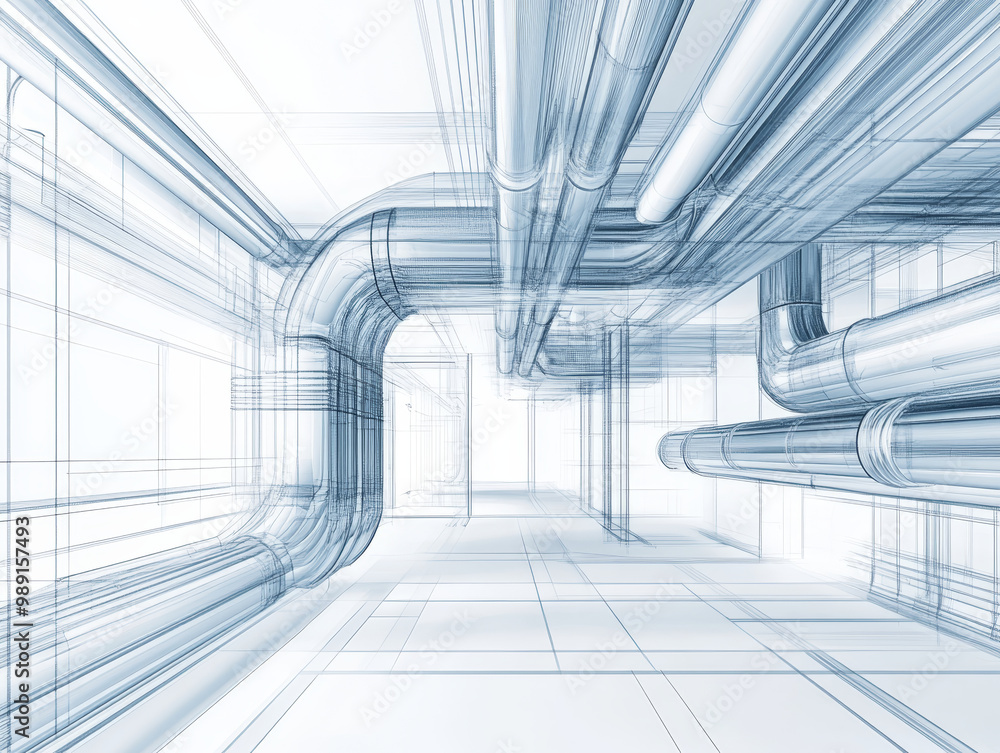 Aufkleber a detailed 3d blueprint of an air duct layout showcases futuristic design with intricate piping. cle