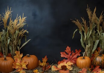 Autumnal Pumpkins, Corn Stalks, and Leaves on Black Background