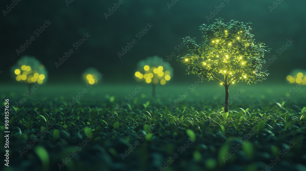 Poster lush green field with small glowing trees emitting oxygen, creating serene and magical atmosphere. v