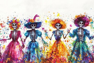Fototapeta premium Colorful skeletons in vibrant dresses celebrate life, showcasing a festive, artistic homage to traditional Mexican culture.