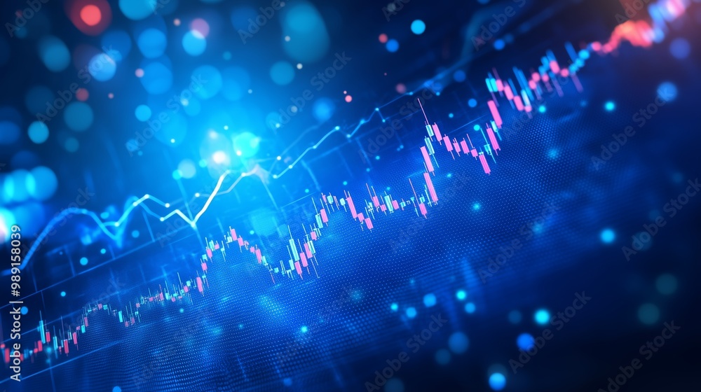 Poster colorful financial chart with data points and glowing lights displaying market trends in a digital e