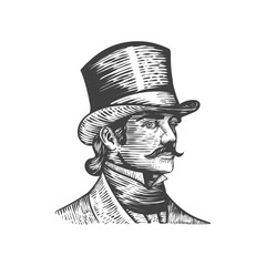portrait of a gentleman, a man in a top hat is drawn in the style of an engraving