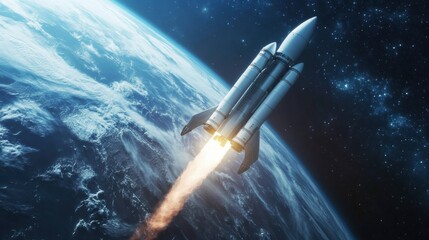 Obraz premium Rocket launching into space above the Earth’s atmosphere at dusk