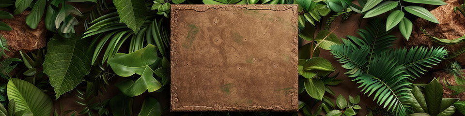 Fototapeta premium A rustic brown square surrounded by lush green foliage, embodying nature and earthiness.