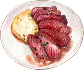 florentine steak italian food, watercolor painting hand-drawn illustration