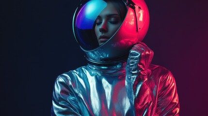 Astronaut in a reflective silver suit posing against neon lights
