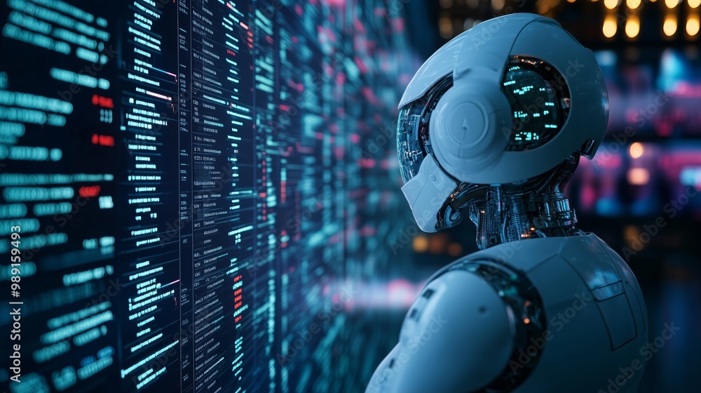 Poster futuristic robot analyzing data on a glowing digital interface in a modern tech hub during nighttime
