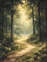 Obraz premium Sunlit Forest Path Winding Through Trees