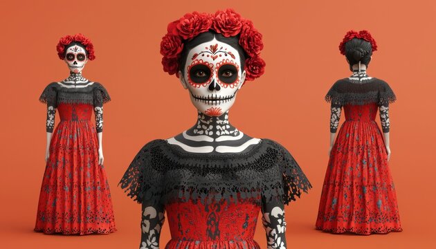 Day of the Dead costume, sugar skull makeup, festive dress, 3D illustration
