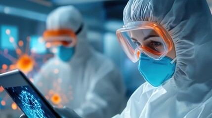 Scientist in Protective Gear Examining Digital Data on Tablet