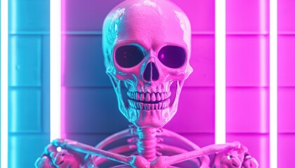 Space-age skeleton with glowing holographic bones, wearing a futuristic space suit, cyberpunk, metallic and neon hues, 3D art. ,closes up