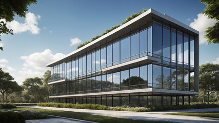 Fototapeta premium Modern glass building with green surroundings and clear blue sky showcasing contemporary architecture.