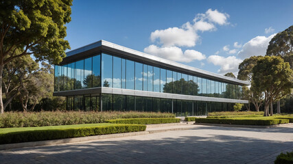 Modern glass building with green surroundings and clear blue sky showcasing contemporary architecture.