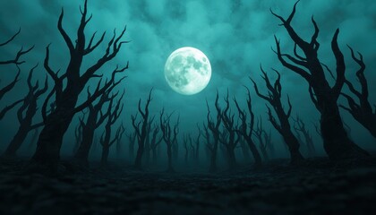 Spooky forest, twisted trees, full moon, eerie atmosphere, 3D illustration