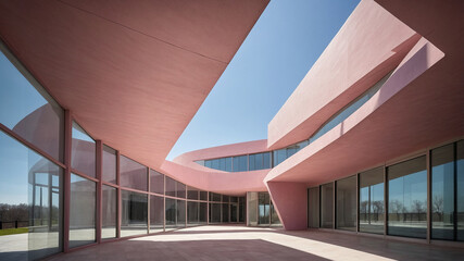 Modern pink architectural house with large glass windows and a minimalist design under a clear blue sky.