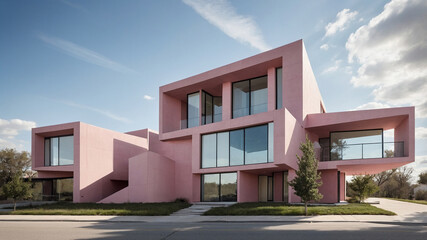 Modern pink architectural house with large glass windows and a minimalist design under a clear blue sky.