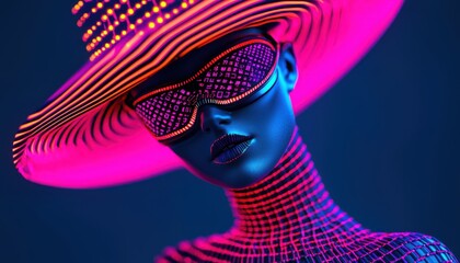 Futuristic cyborg witch with glowing circuits running through her outfit, neon broomstick, and holographic hat, cyberpunk, vibrant colors, 3D render. ,closes up