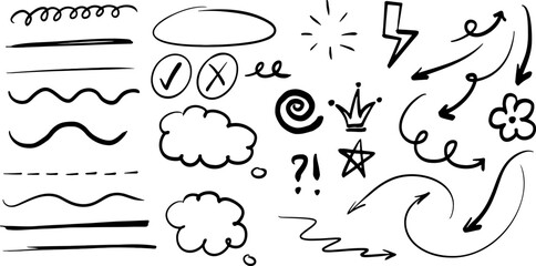 Set of hand-drawn arrows, circles and lines. Collection of hand drawn arrows on a transparent background. Vector arrow icons