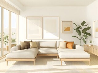 Cozy and Bright Minimalist Living Room with Stylish Furniture and Decor  Airy and Natural Ambiance with Large Windows Potted Plant and Framed Artwork on the Wall