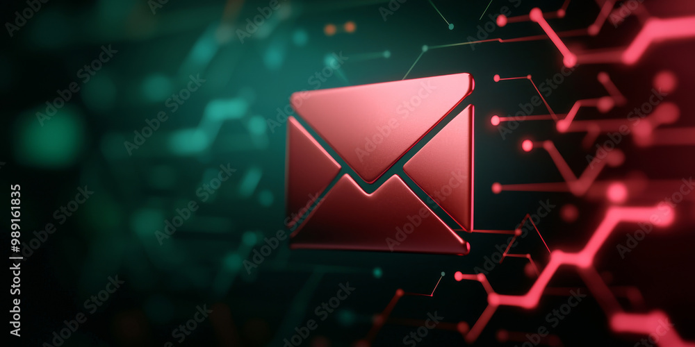 Poster digital email icon with circuit patterns, symbolizing communication