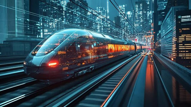 A futuristic train journey across a digitized landscape, where augmented reality windows display scenes from different time periods.