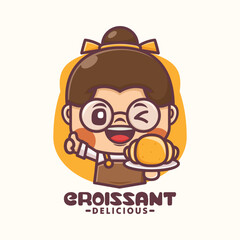 Cute girl croissant mascot logo template design