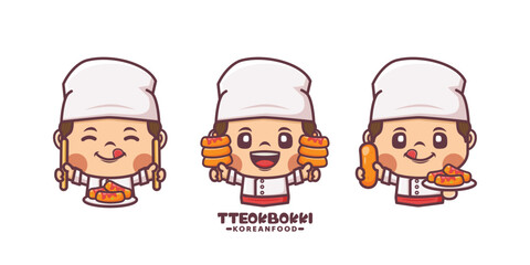 set of chef with korean food tteokbokki cartoon character design