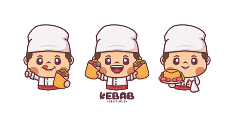 set of chef with kebab cartoon character design