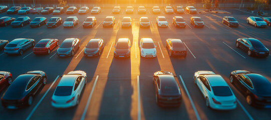 Fototapeta premium Car parked at outdoor parking lot. Used car for sale and rental service. Car insurance background. Automobile parking area. Car dealership and dealer agent concept. Automotive industry. Electric auto